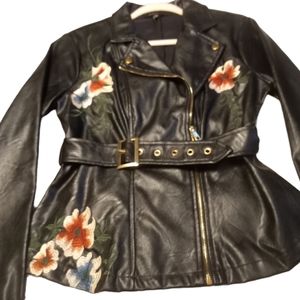 Black rose pleather belted jacket